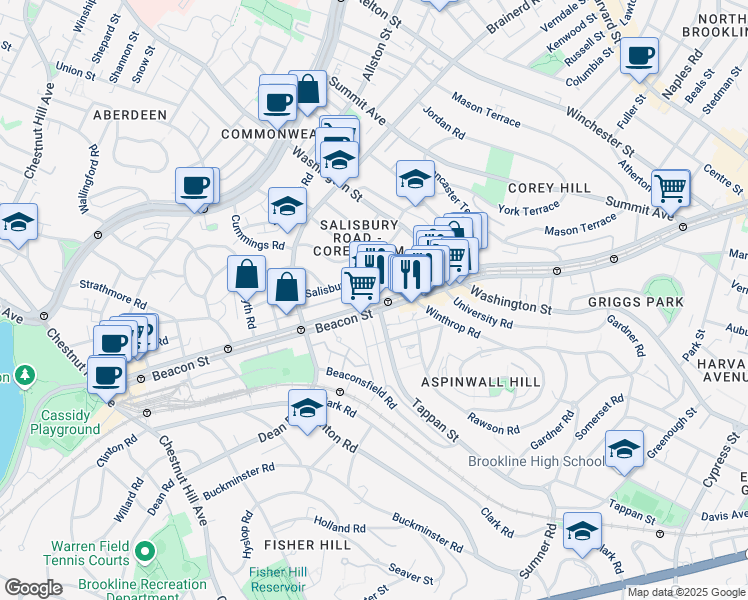 map of restaurants, bars, coffee shops, grocery stores, and more near in Brookline