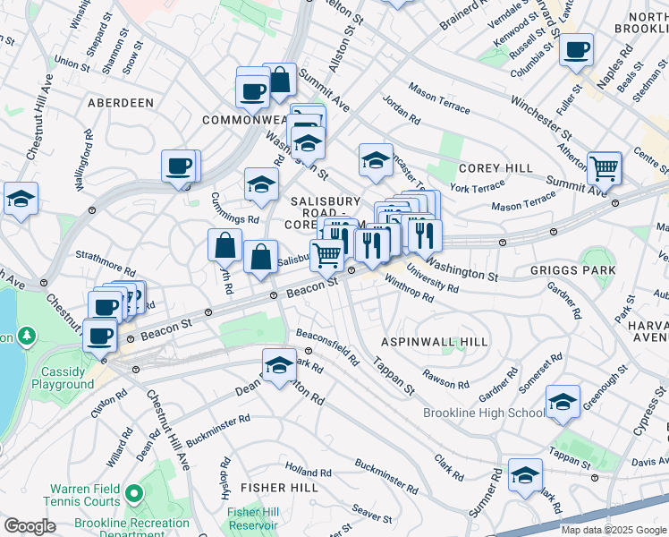 map of restaurants, bars, coffee shops, grocery stores, and more near in Brookline