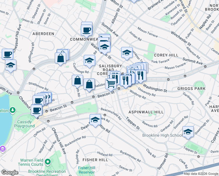 map of restaurants, bars, coffee shops, grocery stores, and more near in Brookline