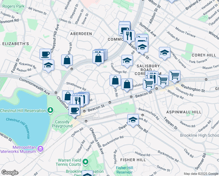map of restaurants, bars, coffee shops, grocery stores, and more near 38 Kilsyth Road in Brookline