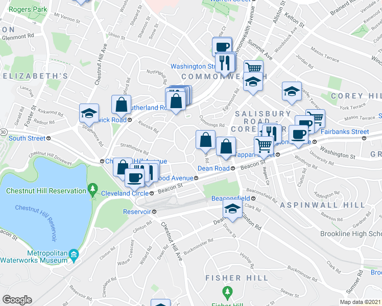 map of restaurants, bars, coffee shops, grocery stores, and more near 38 Kilsyth Road in Brookline