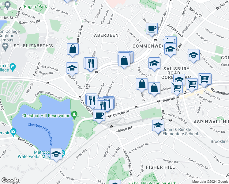 map of restaurants, bars, coffee shops, grocery stores, and more near 9 Kilsyth Terrace in Boston