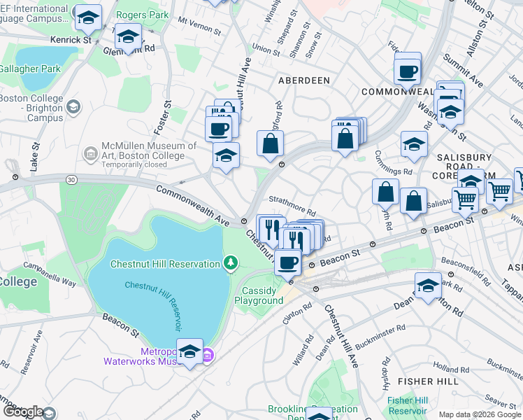map of restaurants, bars, coffee shops, grocery stores, and more near 1848 Commonwealth Avenue in Boston