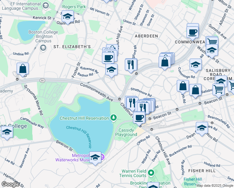 map of restaurants, bars, coffee shops, grocery stores, and more near 288 Chestnut Hill Avenue in Boston