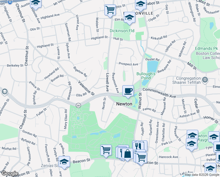 map of restaurants, bars, coffee shops, grocery stores, and more near 145 Beaumont Avenue in Newton