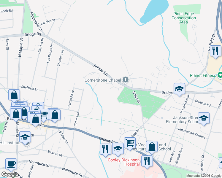 map of restaurants, bars, coffee shops, grocery stores, and more near 575 Bridge Road in Northampton