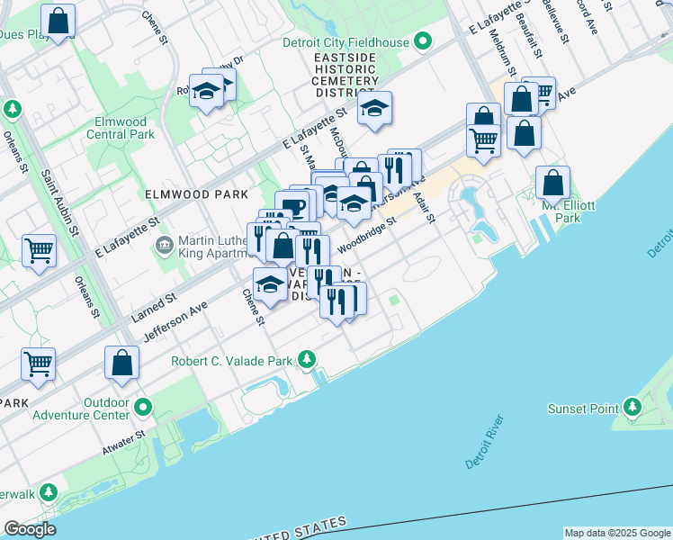 map of restaurants, bars, coffee shops, grocery stores, and more near 2987 Franklin Street in Detroit