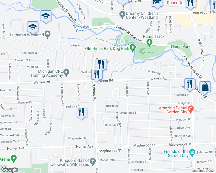 map of restaurants, bars, coffee shops, grocery stores, and more near 32777 Warren Road in Garden City