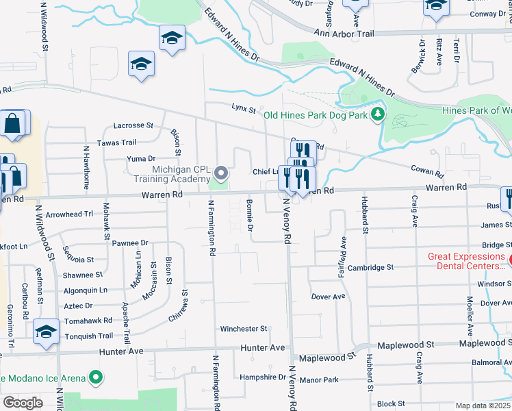 map of restaurants, bars, coffee shops, grocery stores, and more near 32965 East Bonnie Drive in Westland