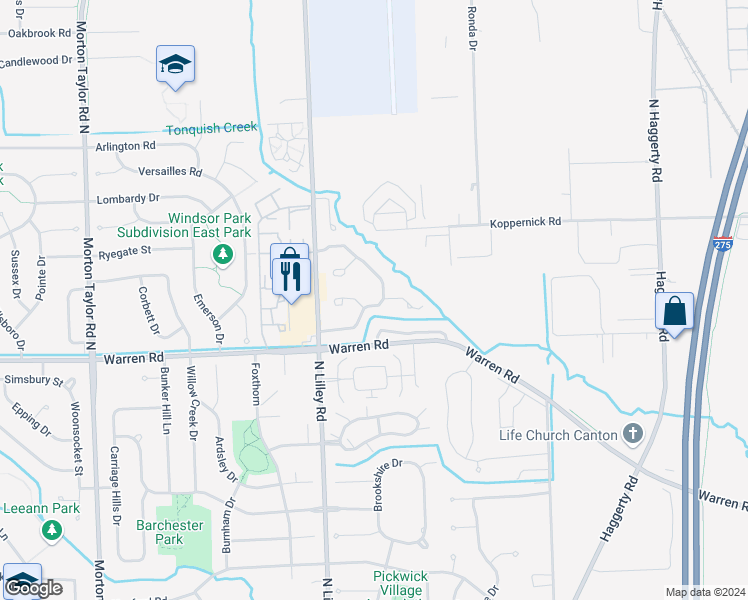 map of restaurants, bars, coffee shops, grocery stores, and more near 7412 Green Meadow Lane in Canton