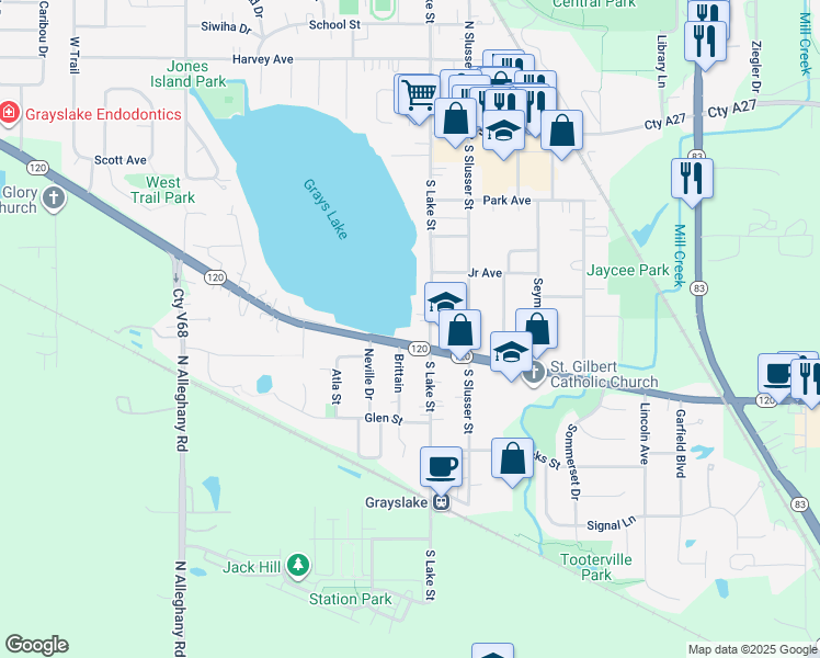 map of restaurants, bars, coffee shops, grocery stores, and more near 264 South Lake Street in Grayslake