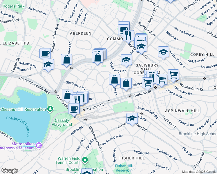 map of restaurants, bars, coffee shops, grocery stores, and more near 29 Englewood Avenue in Brookline