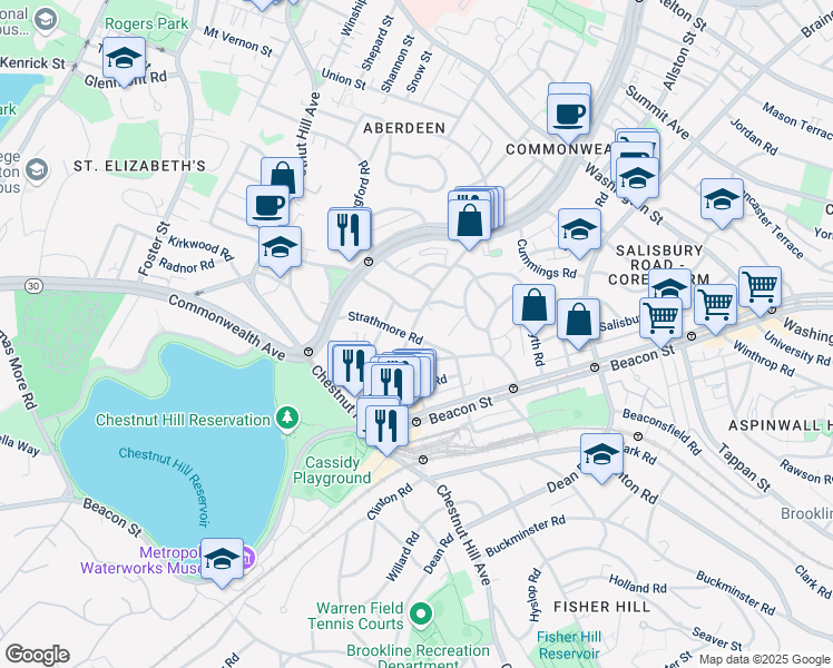 map of restaurants, bars, coffee shops, grocery stores, and more near 72 Strathmore Road in Boston
