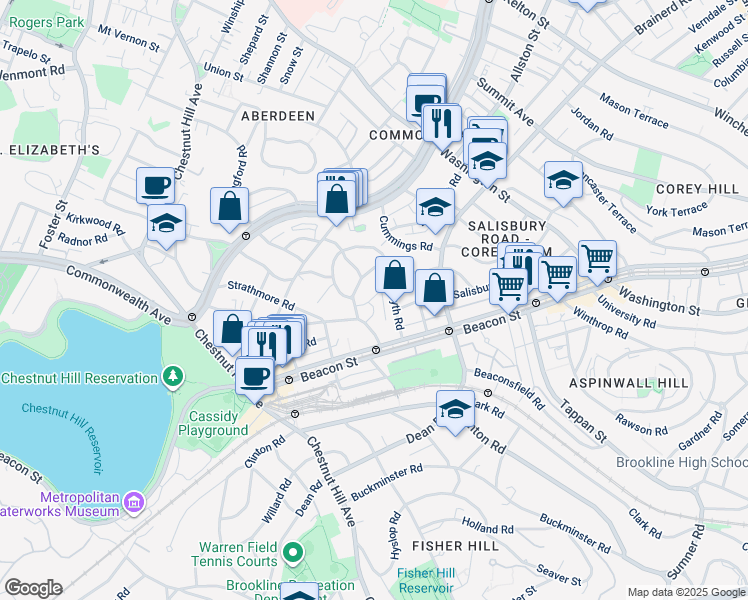 map of restaurants, bars, coffee shops, grocery stores, and more near 38 Kilsyth Road in Brookline
