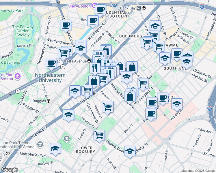 map of restaurants, bars, coffee shops, grocery stores, and more near 782-A-C Tremont Street in Boston