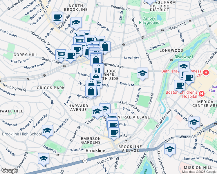 map of restaurants, bars, coffee shops, grocery stores, and more near 36 Alton Place in Brookline
