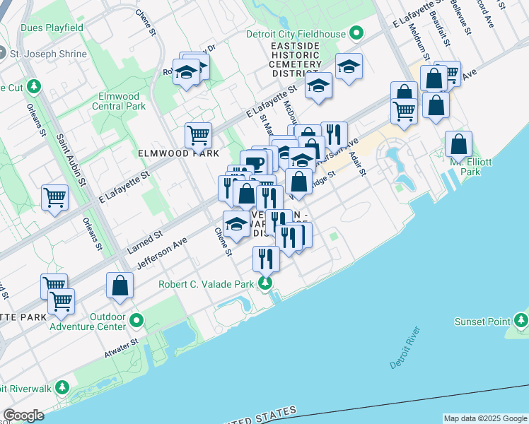 map of restaurants, bars, coffee shops, grocery stores, and more near 2902 Woodbridge Street in Detroit
