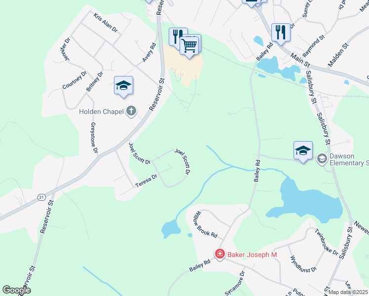 map of restaurants, bars, coffee shops, grocery stores, and more near 58 Joel Scott Drive in Holden