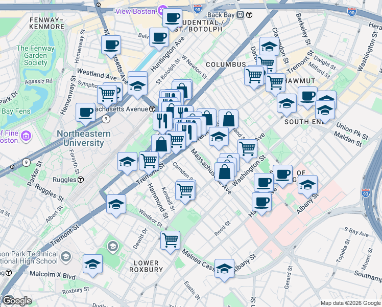 map of restaurants, bars, coffee shops, grocery stores, and more near 782-A-C Tremont Street in Boston