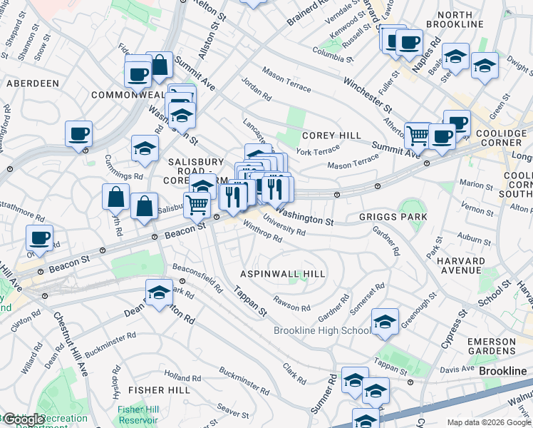 map of restaurants, bars, coffee shops, grocery stores, and more near in Brookline