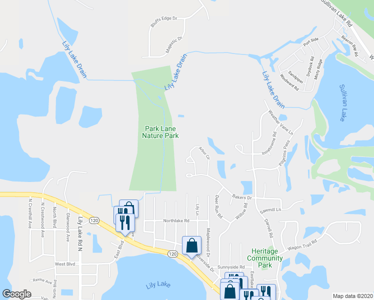 map of restaurants, bars, coffee shops, grocery stores, and more near 696 Arbor Circle in Lakemoor