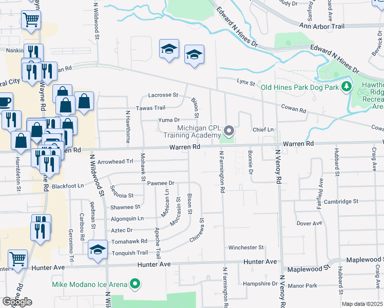 map of restaurants, bars, coffee shops, grocery stores, and more near 33599 Warren Road in Westland