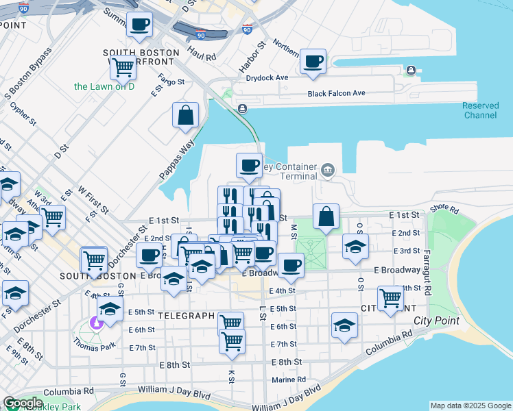 map of restaurants, bars, coffee shops, grocery stores, and more near 6 Elkins Street in Boston