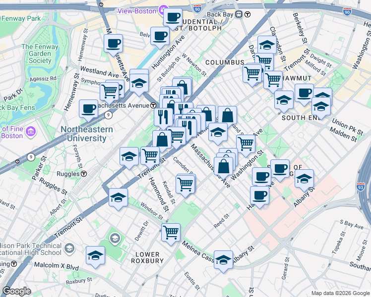 map of restaurants, bars, coffee shops, grocery stores, and more near 782-A-C Tremont Street in Boston