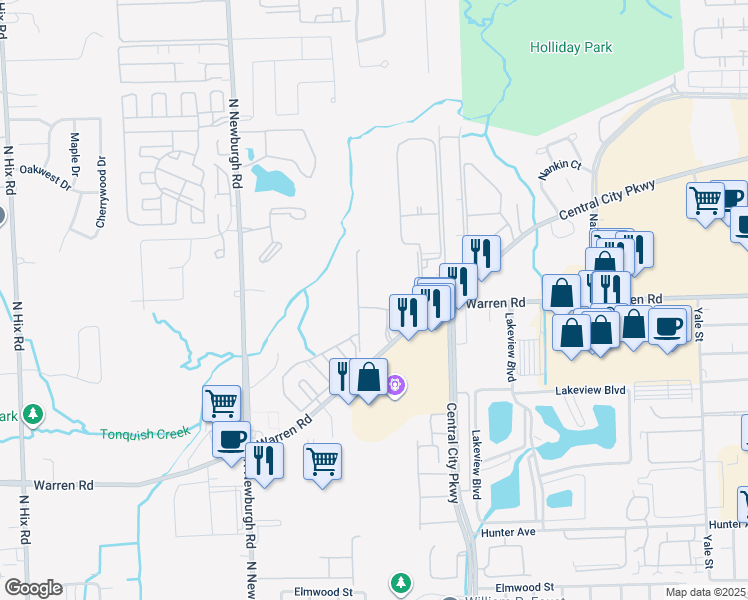 map of restaurants, bars, coffee shops, grocery stores, and more near 7280 Wilderness Park Drive in Westland
