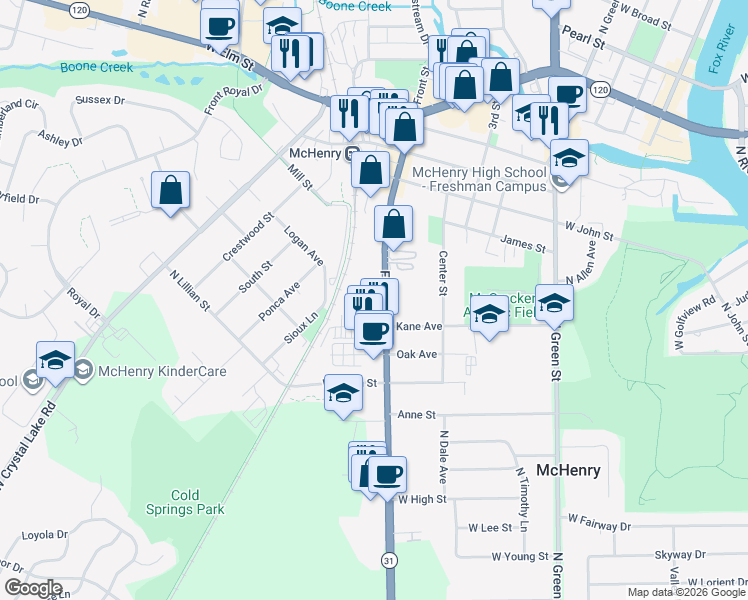 map of restaurants, bars, coffee shops, grocery stores, and more near 807 Front Street in McHenry