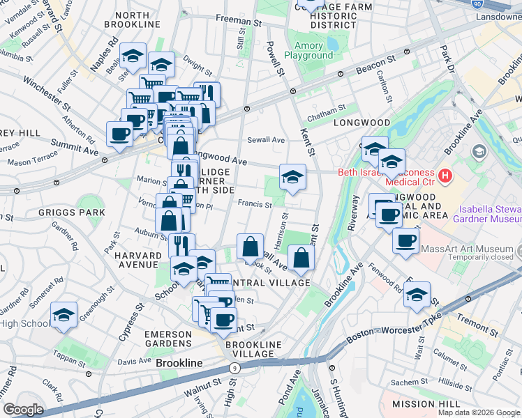 map of restaurants, bars, coffee shops, grocery stores, and more near 99 Perry Street in Brookline