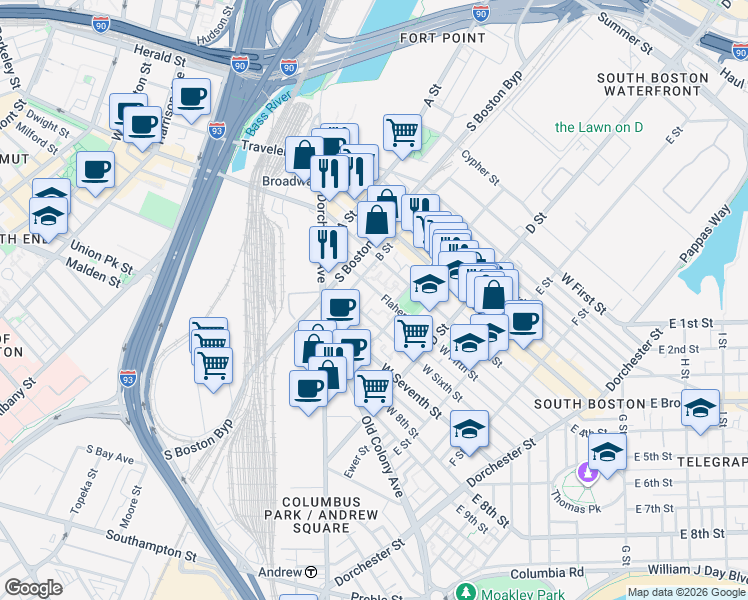 map of restaurants, bars, coffee shops, grocery stores, and more near 75 Flaherty Way in Boston