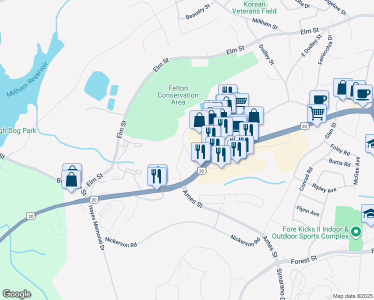 map of restaurants, bars, coffee shops, grocery stores, and more near Royal Plaza Drive in Marlborough