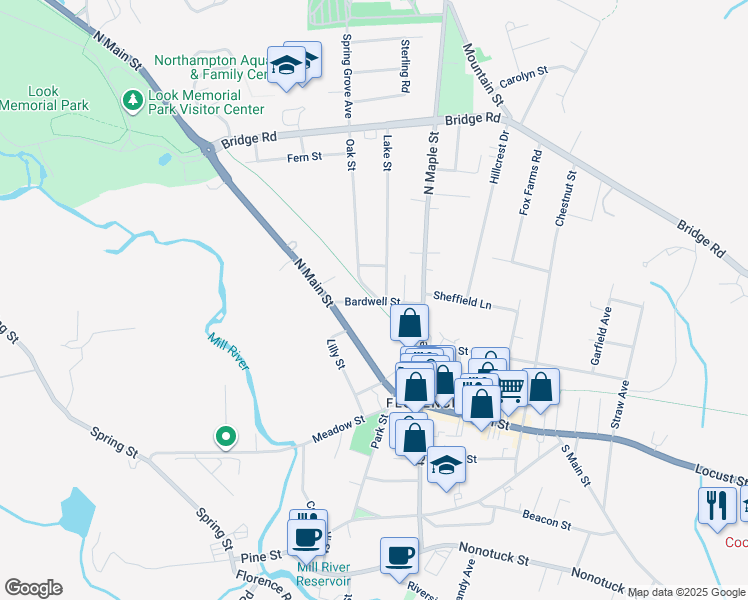 map of restaurants, bars, coffee shops, grocery stores, and more near Northampton Bikeway in Northampton