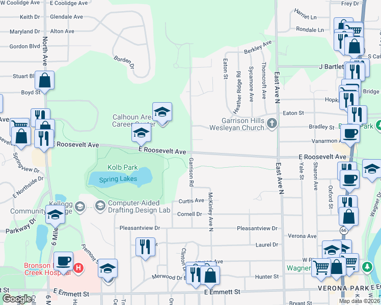 map of restaurants, bars, coffee shops, grocery stores, and more near 533 East Roosevelt Avenue in Battle Creek
