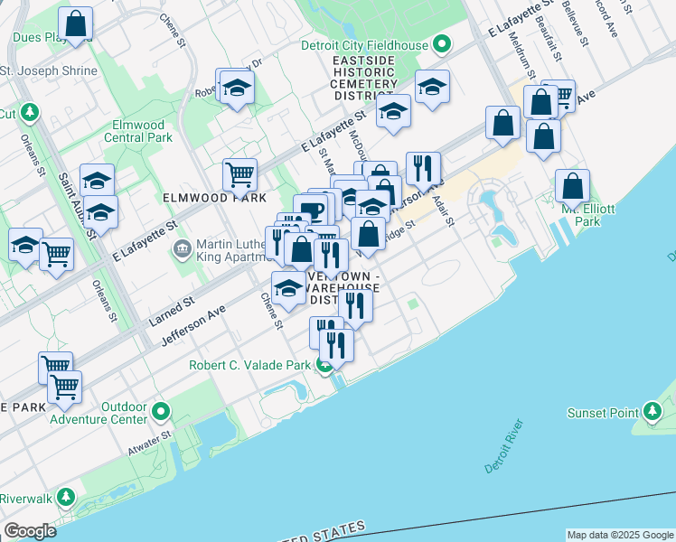 map of restaurants, bars, coffee shops, grocery stores, and more near 2902 Woodbridge Street in Detroit