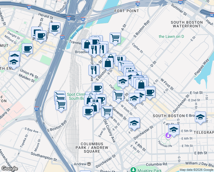 map of restaurants, bars, coffee shops, grocery stores, and more near 75 Flaherty Way in Boston