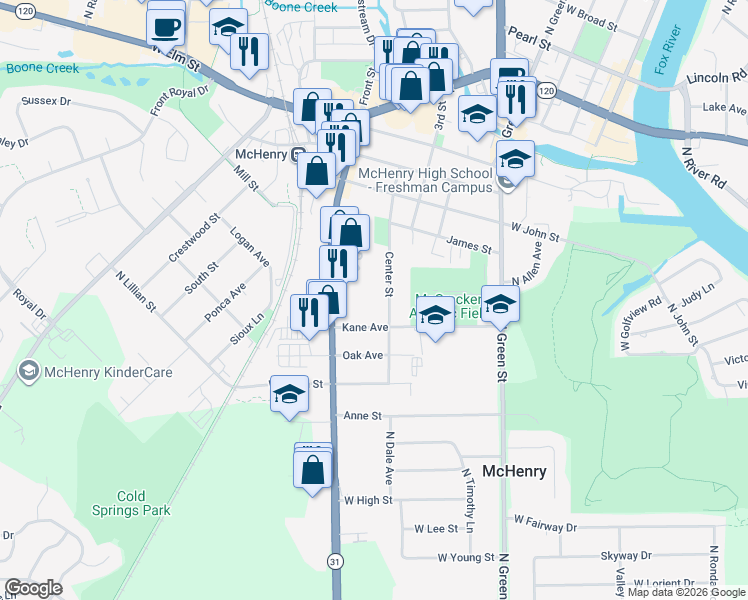 map of restaurants, bars, coffee shops, grocery stores, and more near 802 North Southgate Street in McHenry