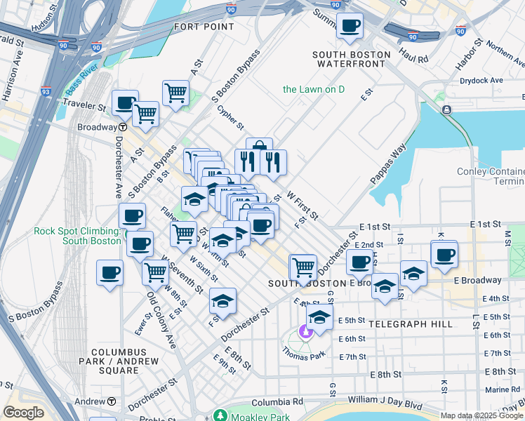 map of restaurants, bars, coffee shops, grocery stores, and more near 227 West 3rd Street in Boston