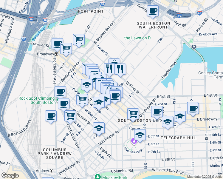 map of restaurants, bars, coffee shops, grocery stores, and more near 227 West 3rd Street in Boston