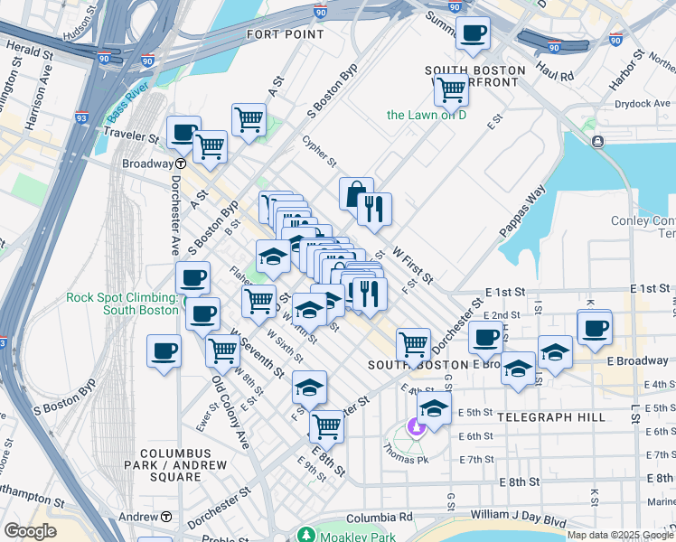map of restaurants, bars, coffee shops, grocery stores, and more near 227 West 3rd Street in Boston