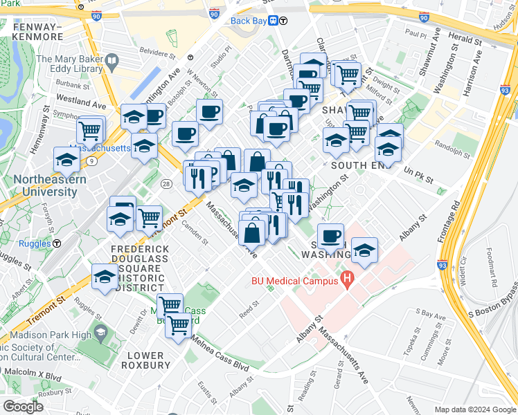 map of restaurants, bars, coffee shops, grocery stores, and more near 57 Worcester Street in Boston