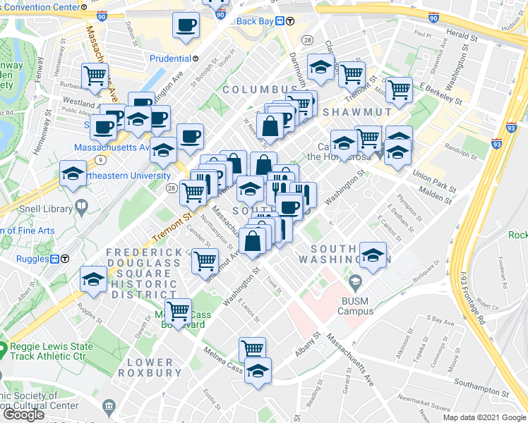 map of restaurants, bars, coffee shops, grocery stores, and more near 59 Worcester Street in Boston