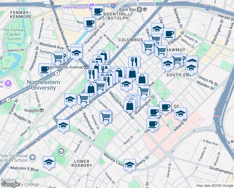 map of restaurants, bars, coffee shops, grocery stores, and more near in Boston