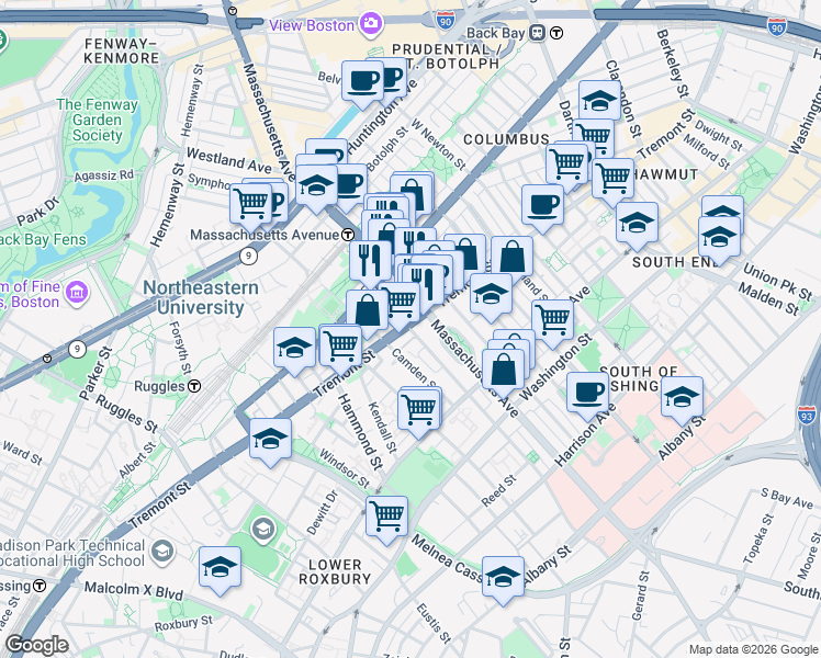 map of restaurants, bars, coffee shops, grocery stores, and more near in Boston