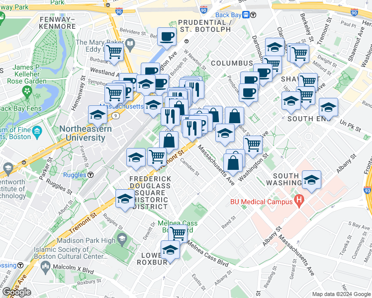 map of restaurants, bars, coffee shops, grocery stores, and more near 782-A-C Tremont Street in Boston