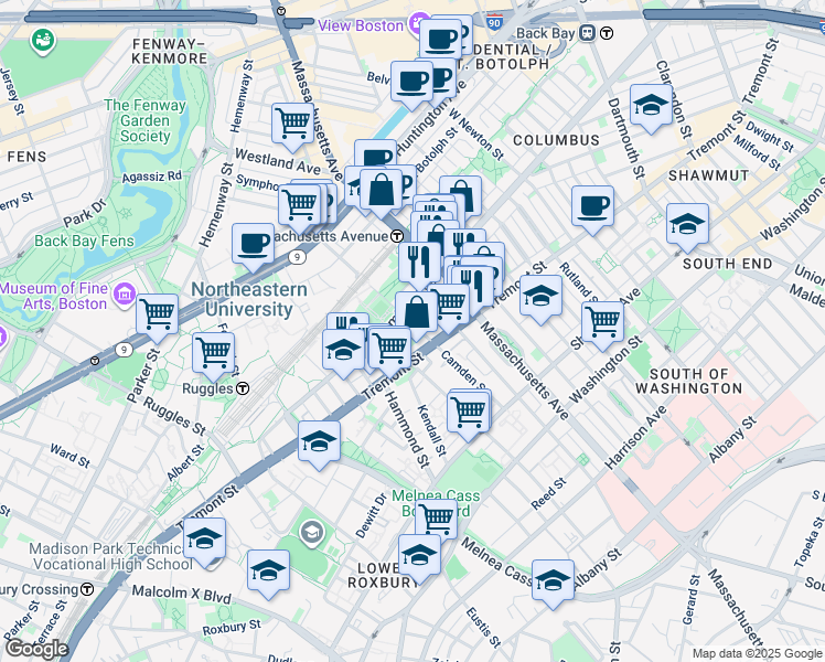 map of restaurants, bars, coffee shops, grocery stores, and more near in Boston