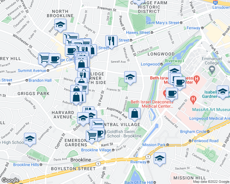 map of restaurants, bars, coffee shops, grocery stores, and more near 80 Francis Street in Brookline
