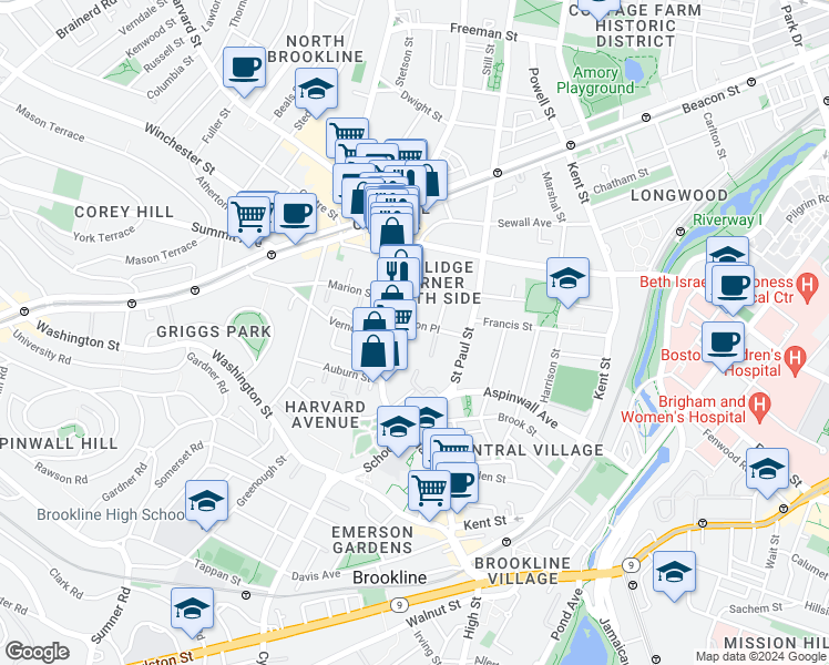 map of restaurants, bars, coffee shops, grocery stores, and more near 36 Alton Place in Brookline