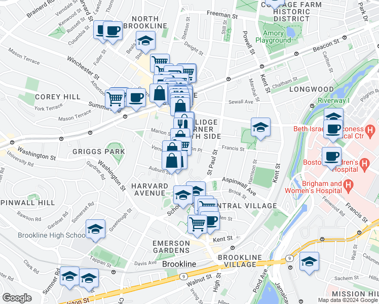 map of restaurants, bars, coffee shops, grocery stores, and more near 181 Harvard Street in Brookline